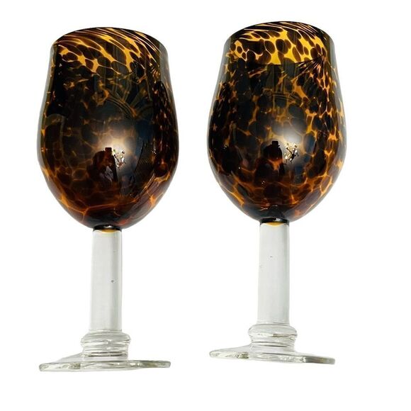 Vtg 1970s Mid Century Hollywood Regency Boho Handblown Tortoise Wine Goblets Set